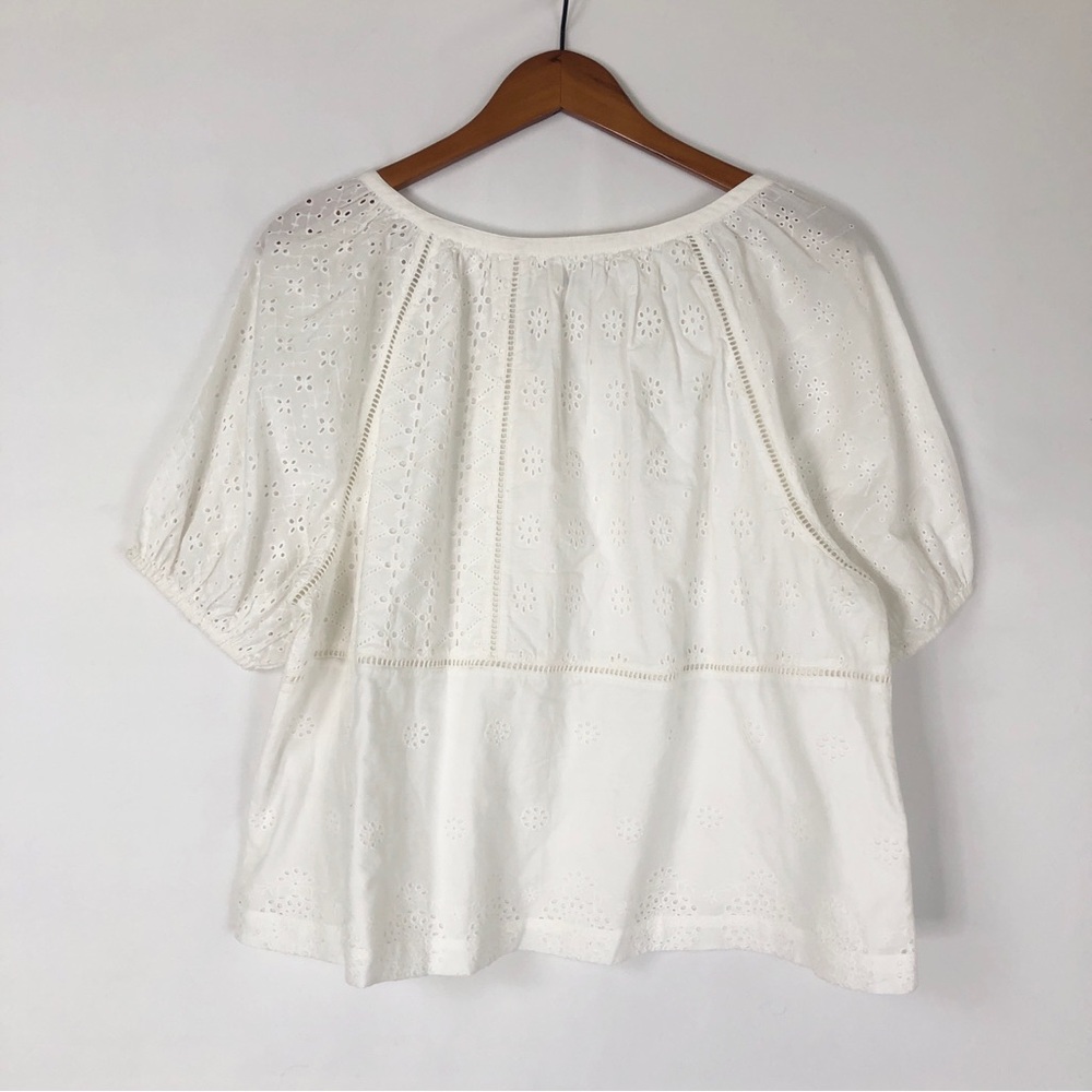 Faherty Carmel Eyelet Top White Size L Organic Cotton Short Sleeve - Picture 3 of 7